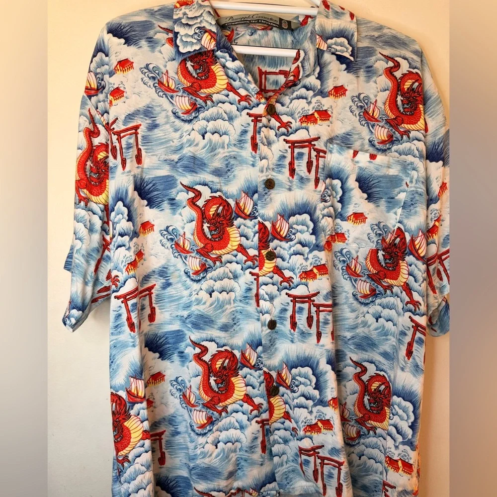 Pineapple Connection Dragon Hawaiian Shirt Blue Red Aloha Button Up